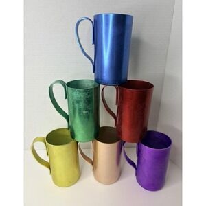 Vtg Color Craft Set 6 Aluminum Multicolor Cups w Handles Tumblers 1960s MCM